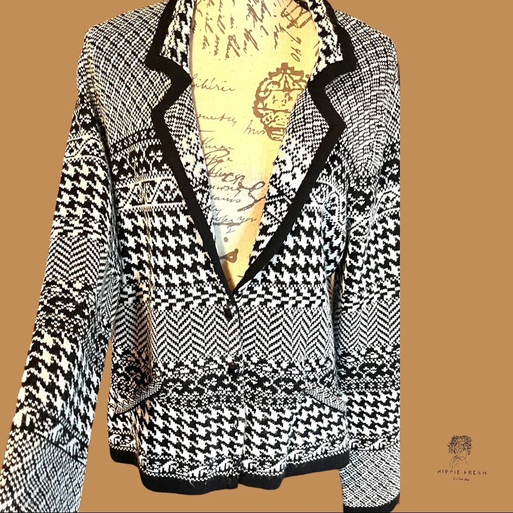 Coldwater Creek Black & White Mixed Print/Hoodstooth Knit Cardigan Jacket Size L